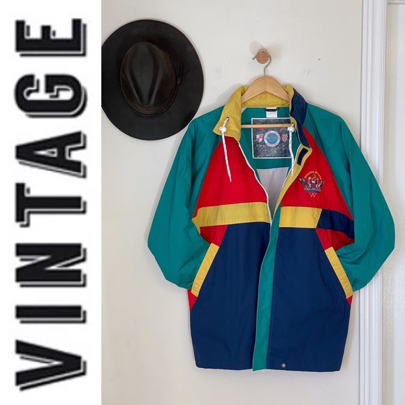 EUC vintage colour block windbreaker full-zip jacket with hidden hoodie, Size L - Picture 2 of 15